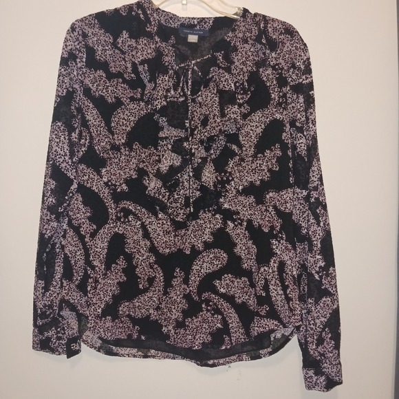 Tommy Hilfiger Women's Black L Paisley Print Long Sleeve Tie Neck Blouse Top